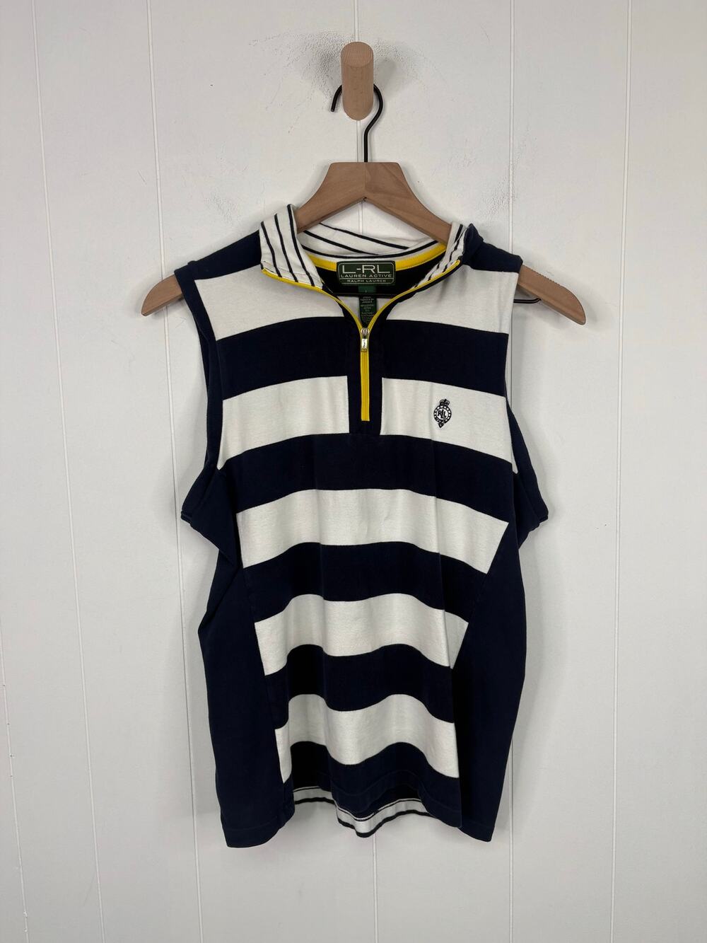 ✨2/$30✨ Vintage LRL Sport Blue Rugby Stripe Top Large Sleeveless 1/4 Zip